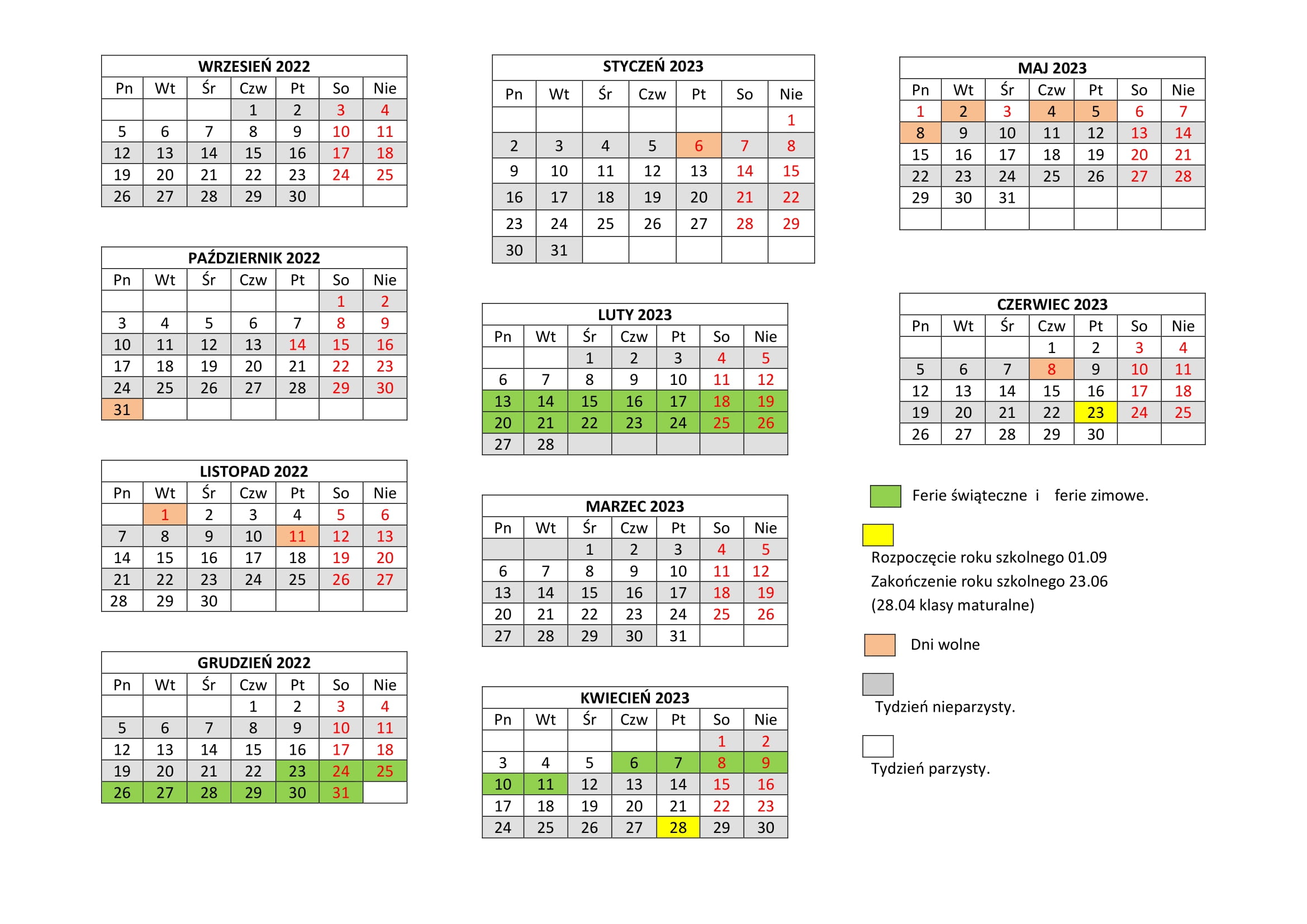 kalendarz roku szkolnego 2022 23